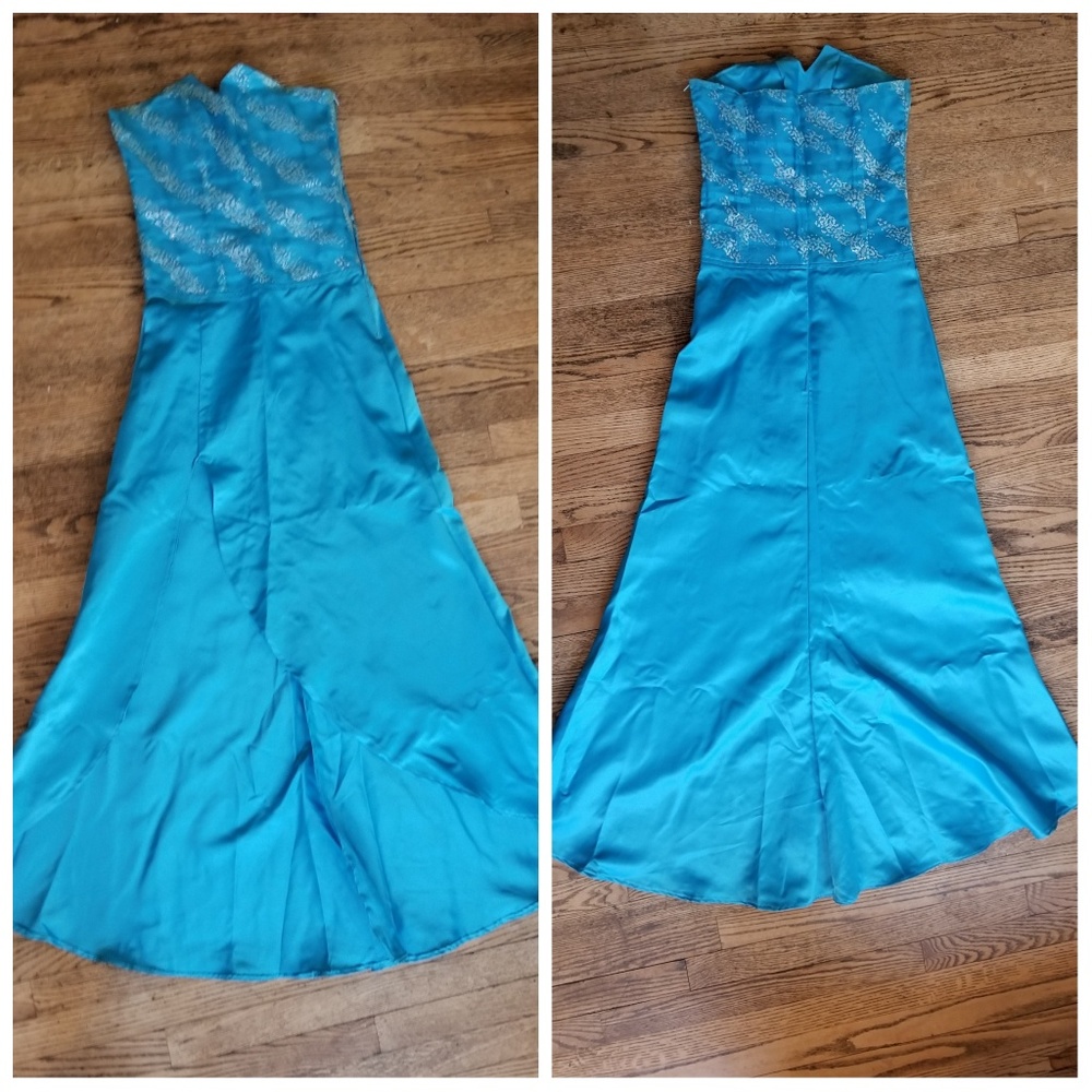 Custom made turquoise blue strapless beaded gown